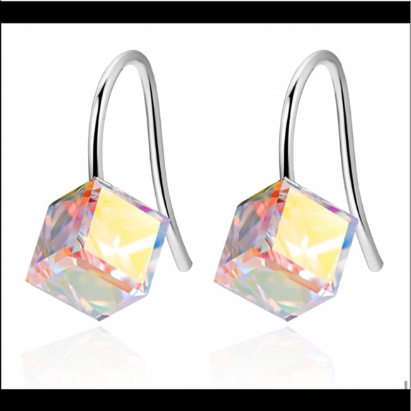 New Platinum Plated S925 Swarovski Crystal 
Aurora Borealis Cube Dangle Earrings - Picture 13 of 16